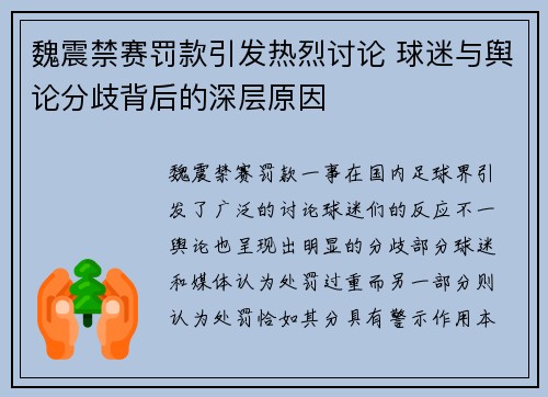 魏震禁赛罚款引发热烈讨论 球迷与舆论分歧背后的深层原因