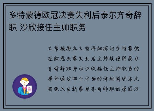 多特蒙德欧冠决赛失利后泰尔齐奇辞职 沙欣接任主帅职务 多特蒙德欧冠决赛失利后泰尔齐奇辞职 沙欣接任主帅职务